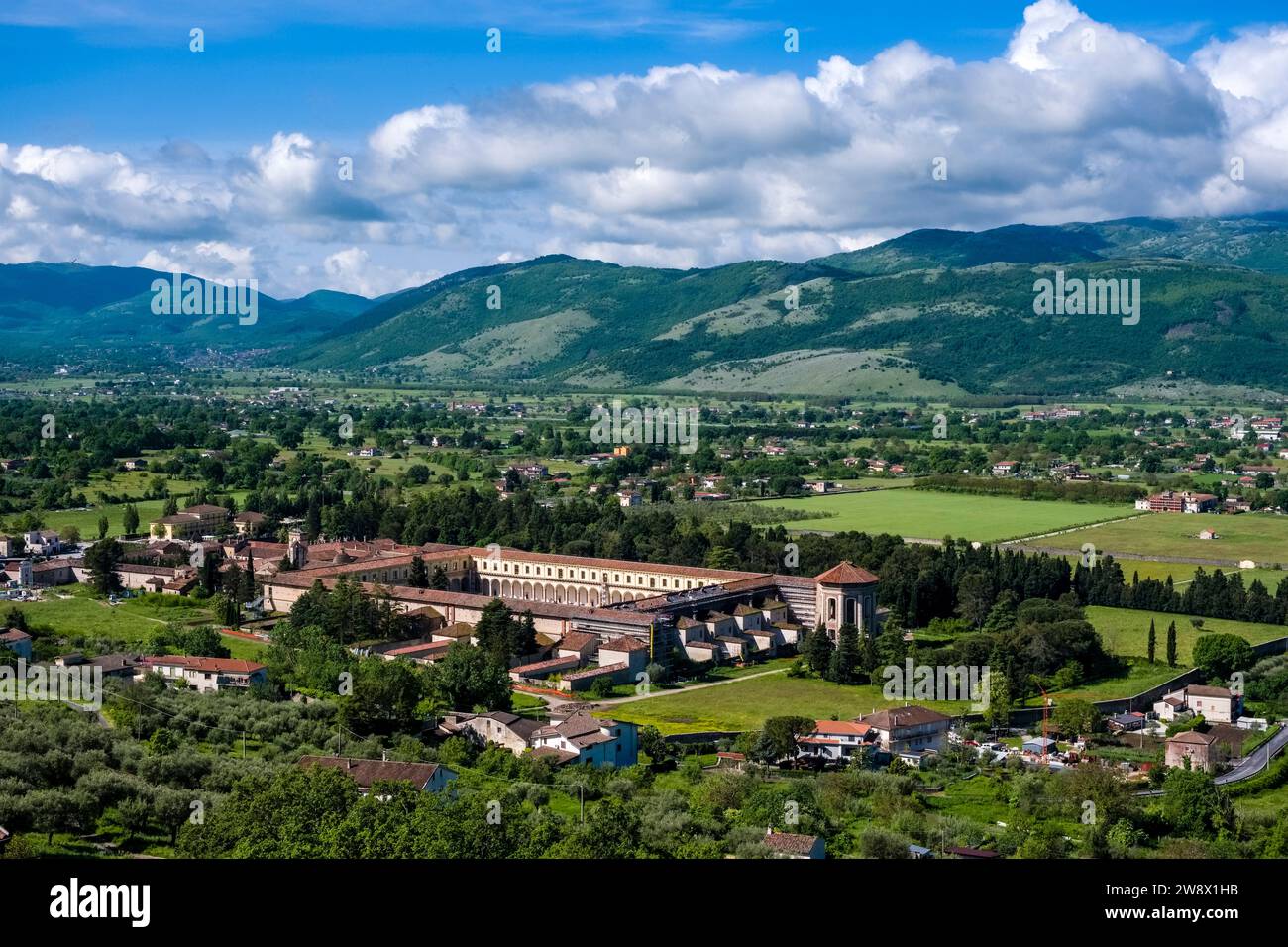 Aerial view of Padula Charterhouse, Certosa di Padula, the largest Carthusian monastery in Italy, located in the Val di Tanagro valley. Stock Photo