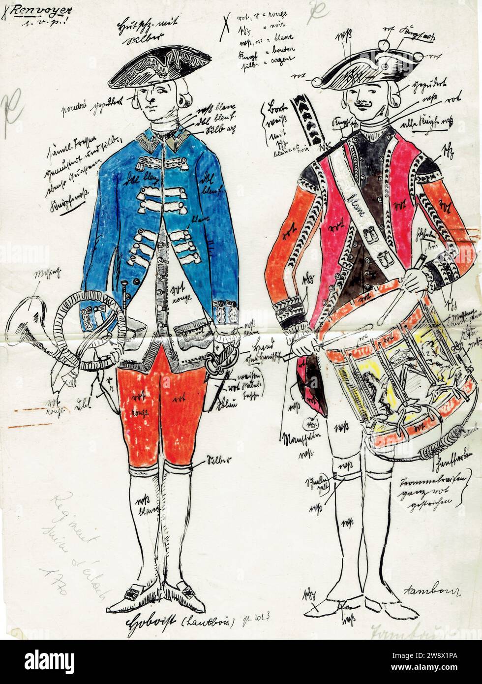 musicien et tambour du régiment suisse d'Erlach 1770 Stock Photo