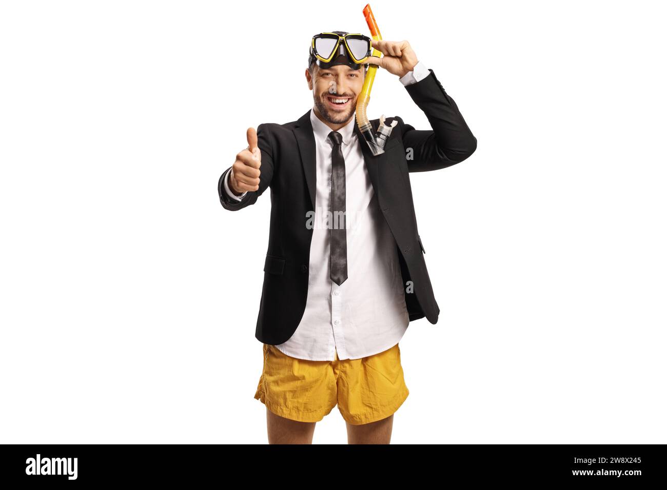Businessman wearing yellow swimming shorts and a diving mask and gesturing thumbs up isolated on white background Stock Photo