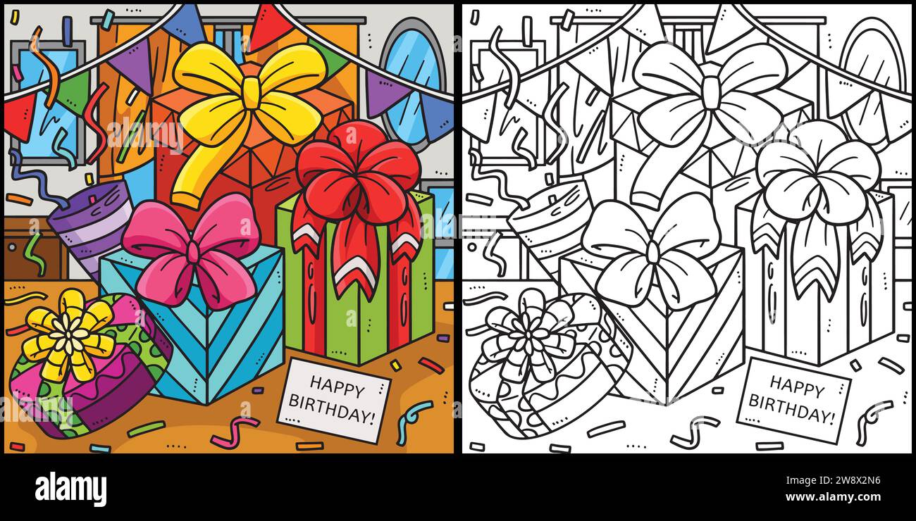 Birthday Gift Coloring Page Colored Illustration Stock Vector Image ...