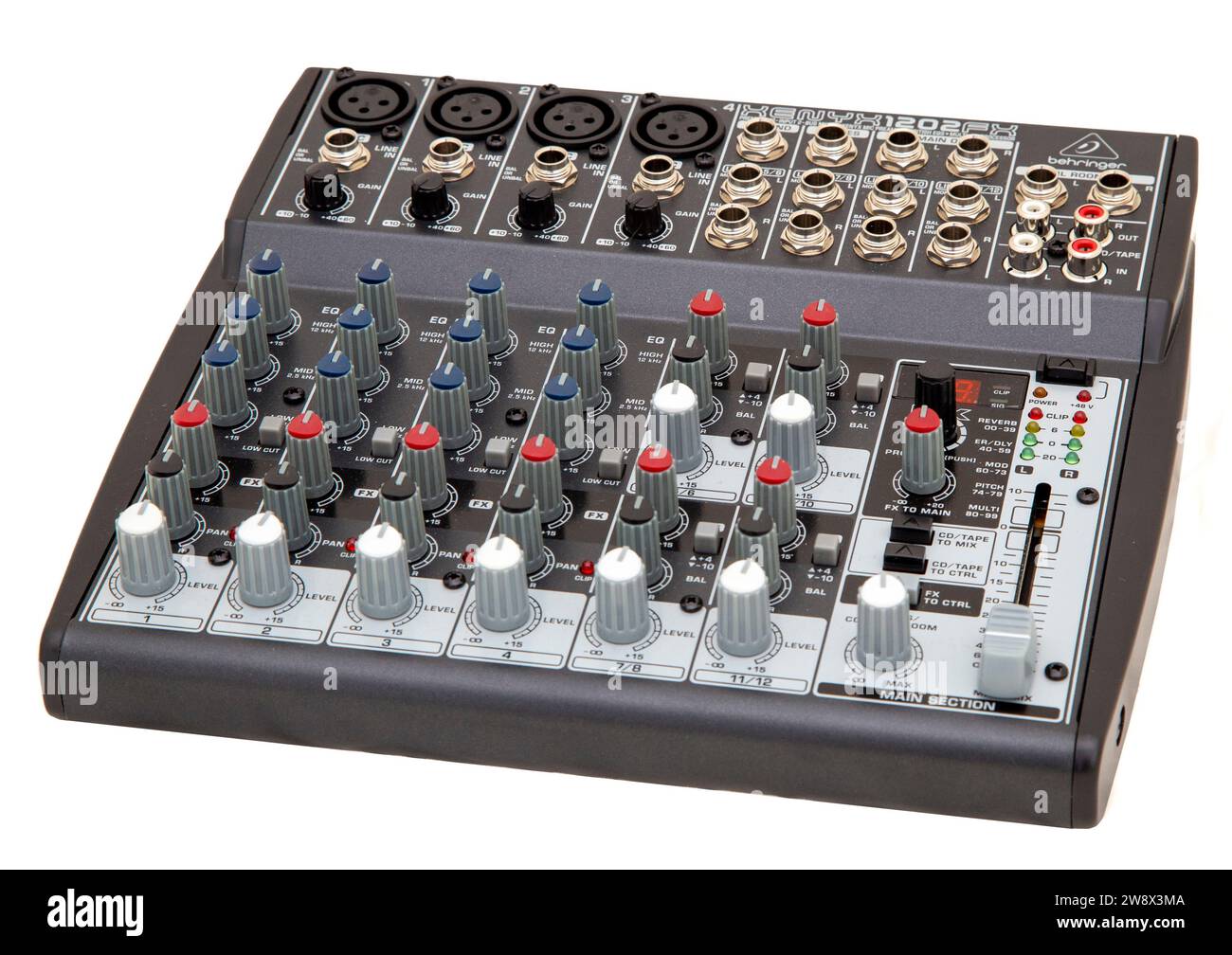 Small audio mixer, xlr microphone inputs, jack inputs, gain controls, stereo inputs, mic, phono,eq,faders, Stock Photo