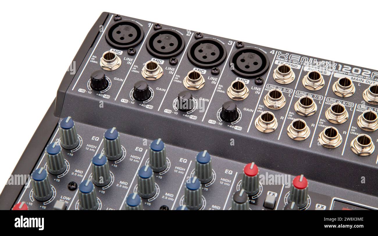 Small audio mixer, xlr microphone inputs, jack inputs, gain controls, stereo inputs, mic, phono,eq,faders, Stock Photo