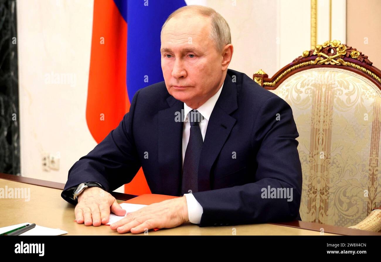 Moscow, Russia. 22nd Dec, 2023. Russian President Vladimir Putin chairs a meeting of the permanent members of the Security Council from the Kremlin, December 22, 2023 in Moscow, Russia. Credit: Mikhail Klimentyev/Kremlin Pool/Alamy Live News Stock Photo
