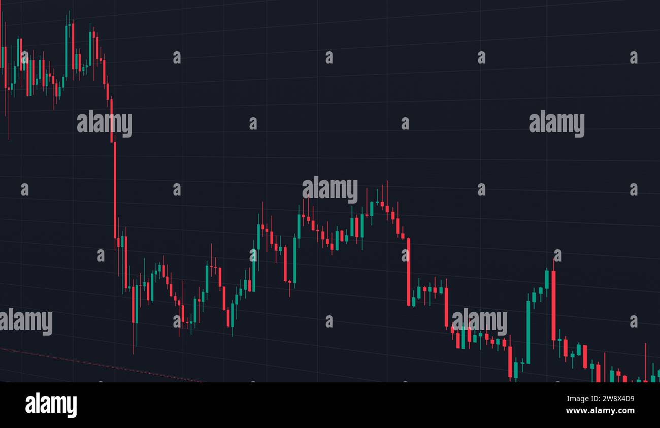 Financial graph with down trend line candlestick chart in stock market on a blue screen Stock Photo