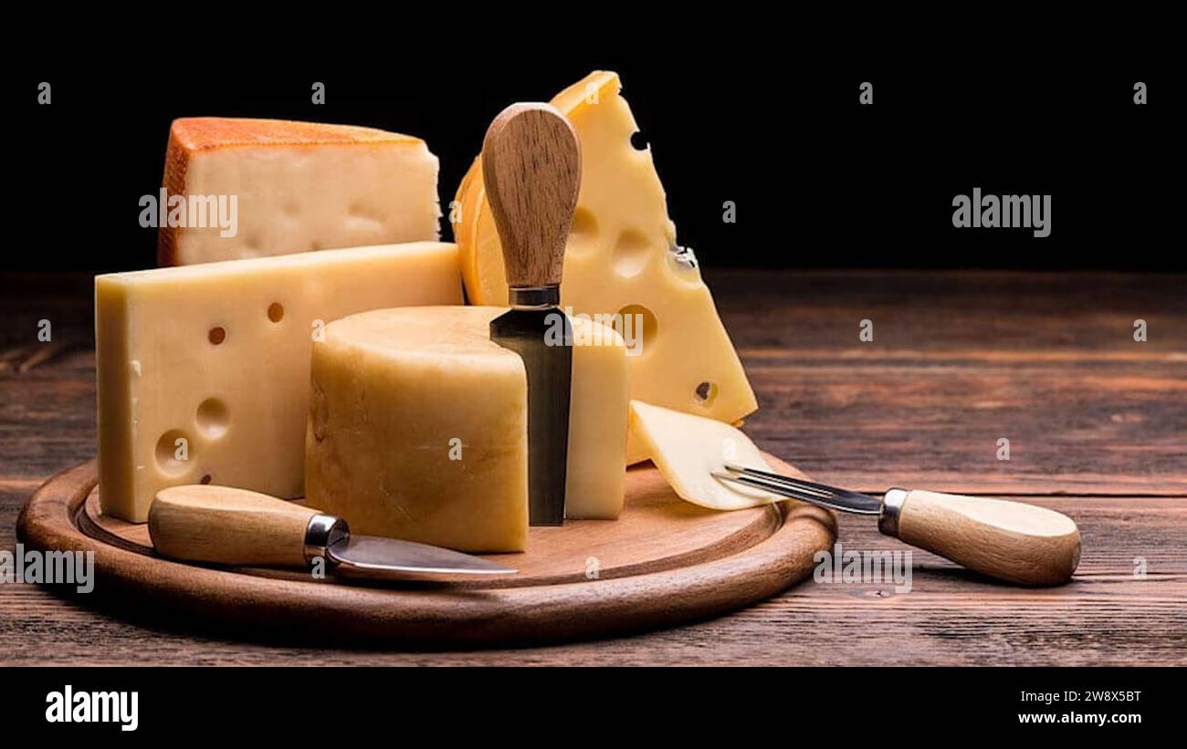 Italian Cheese Food Platter - Skillfully arranged sliced cheese blocks - Gourmet Italian cheese on the tabletop, variety of cheeses beautifully paired Stock Photo