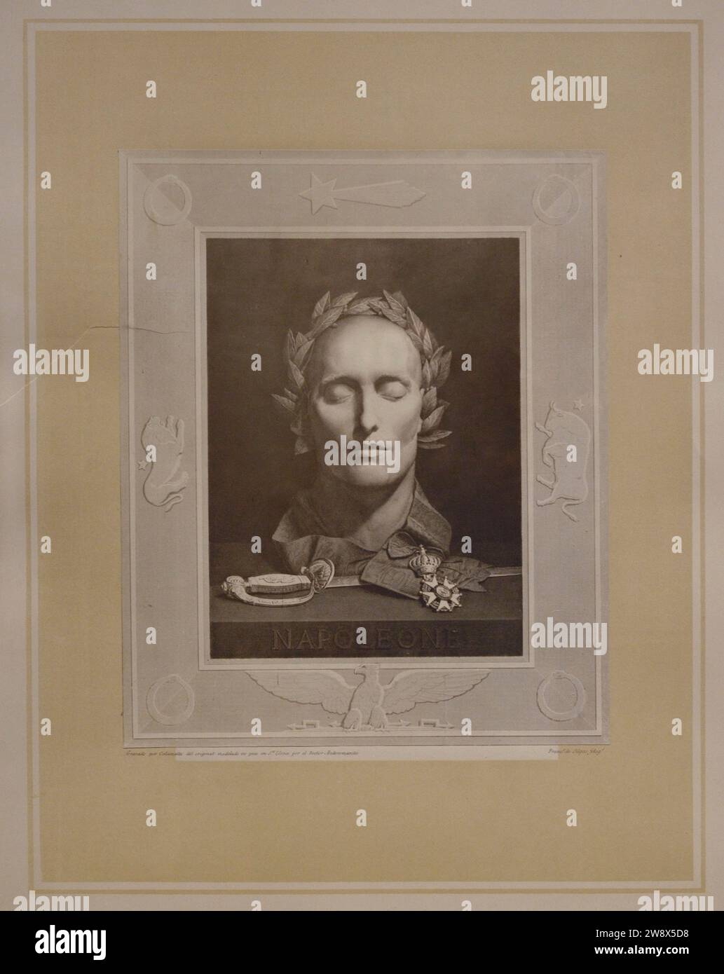 Napoleon's mask, 1865-1875. Photo by Francisco de Selgas (active in the 1860s and 1870s). Albumen paper on card, 320 x 265 mm. It depicts the image by the original artist, Luigi Calamatta, wearing Napoleon's death mask. Prado Museum. Madrid. Spain. Stock Photo