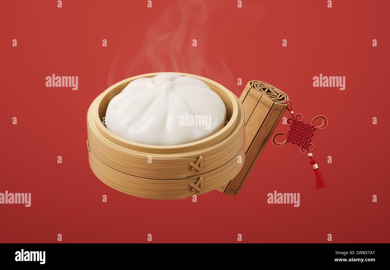 Chinese food baozi in food steamer, 3d rendering. 3D illustration. Stock Photo
