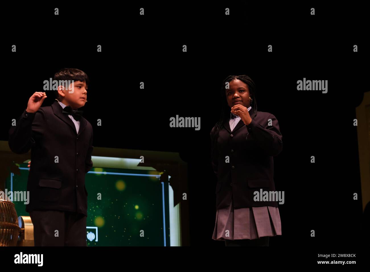 The children of San Ildefonso sing the lottery balls with the numbers of the Extraordinary Draw of the Christmas Lottery, called 'El Gordo', at the Teatro Real on December 22, 2023 in Madrid, Spain. (Photo by Oscar Gonzalez/Sipa USA) (Photo by Oscar Gonzalez/Sipa USA) Stock Photo