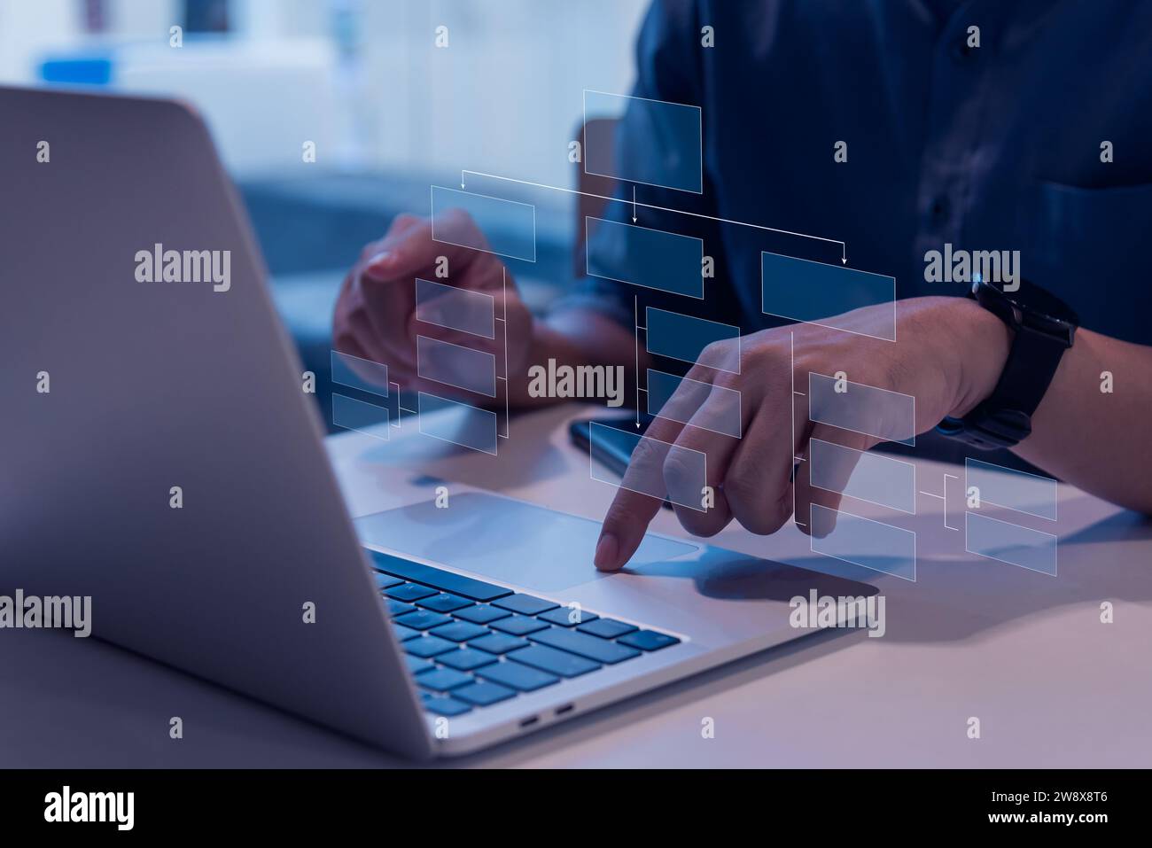 Automate business processes and workflows using flowcharts. Establish a hierarchy for corporate management and processing. Stock Photo