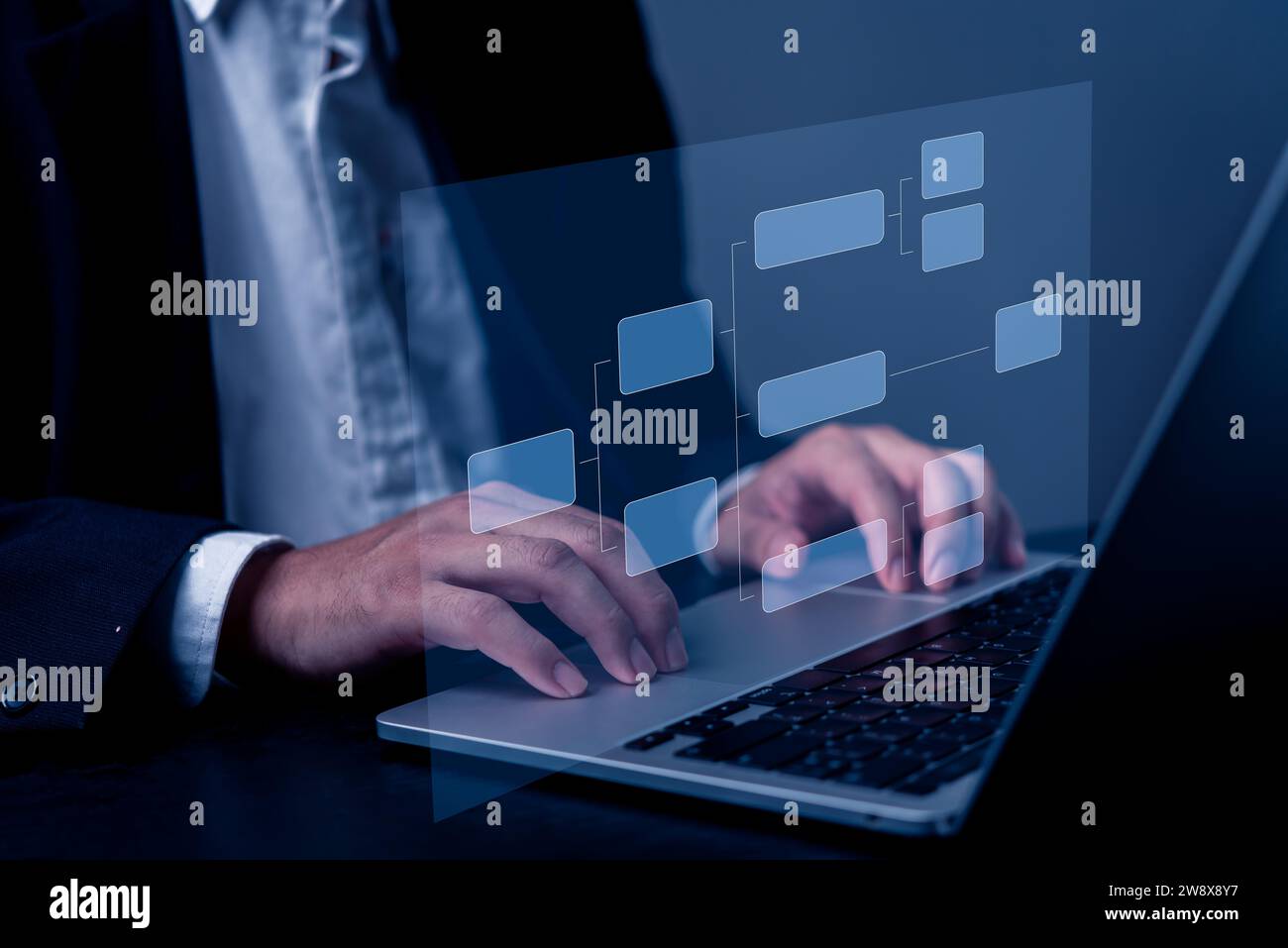 Automate business processes and workflows using flowcharts. Establish a hierarchy for corporate management and processing. Stock Photo