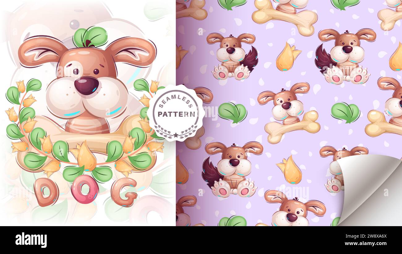 Cartoon character funny puppy dog - seamless pattern Stock Vector Image ...
