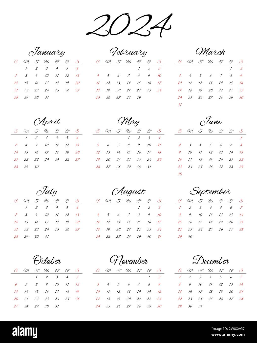 2024 ENGLISH calendar. Modern vector illustration. Plan your year with