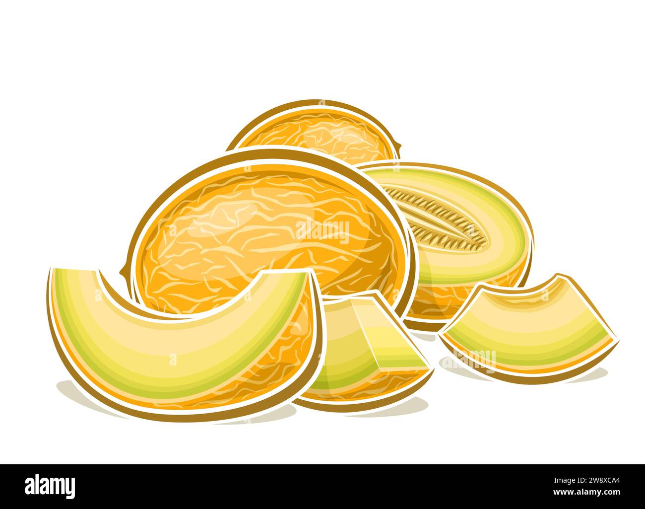 Vector logo for Melon, decorative horizontal poster with outline illustration of whole and sliced melon composition, cartoon design fruity print with Stock Vector