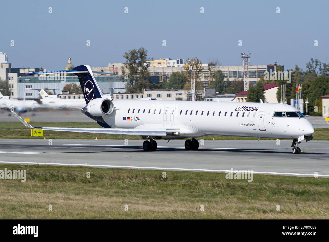 Lufthansa Bombardier CRJ-900LR taking off from Lviv for a flight to Munich Stock Photo