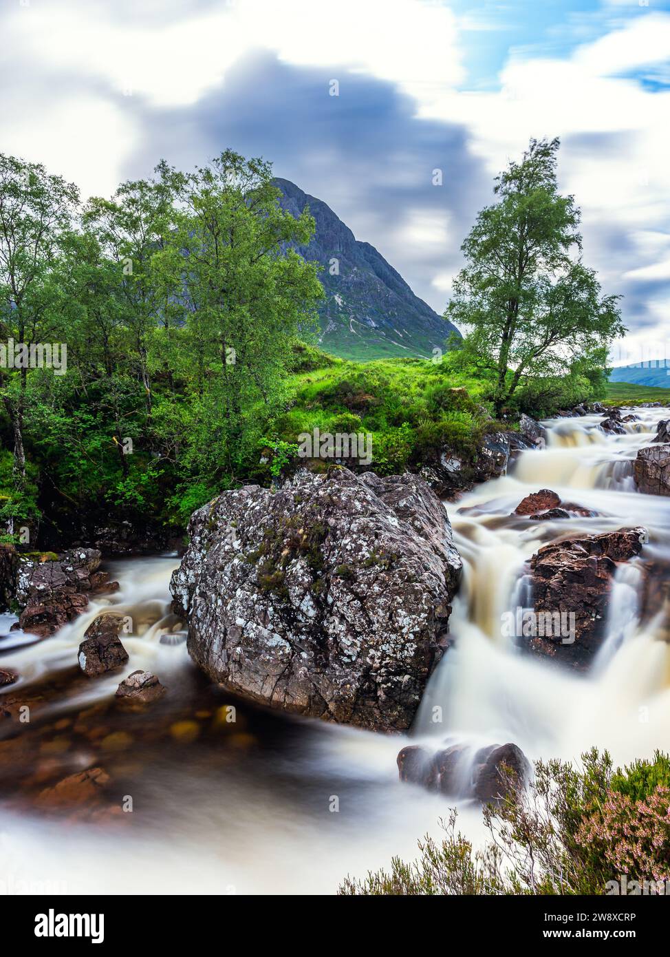 Waterfall under Buachaille Etive Mòr, River Coupall, Glen Etive and River Etive, Highlands, Scotland, UK Stock Photo