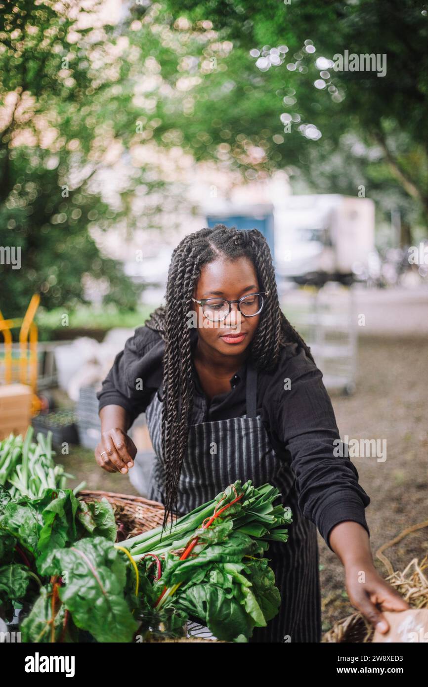 Female vegetable vendor working near stall at farmer's market Stock ...