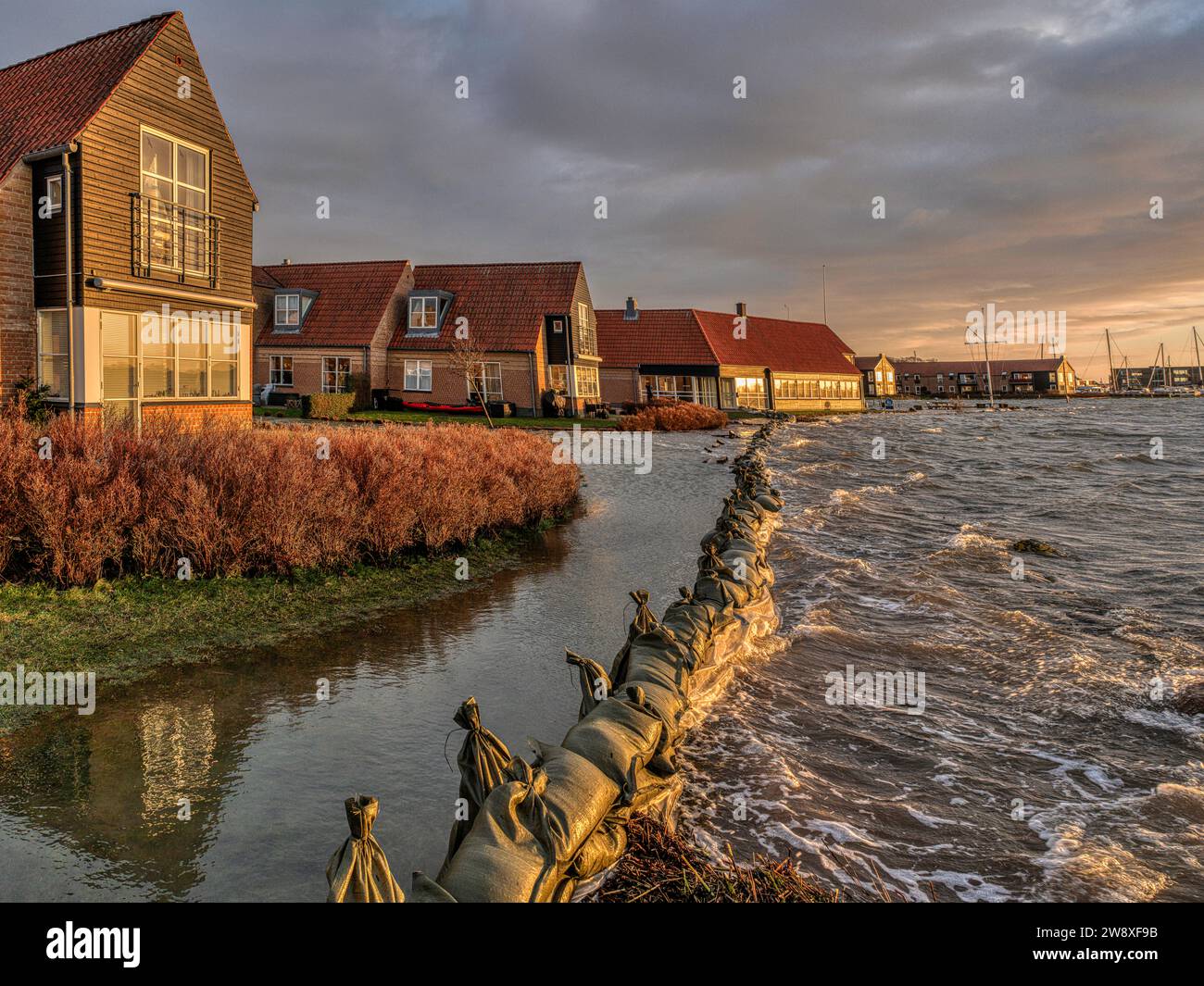 Sandbags protect against flooding in Frederikssund when the water level is at its highest on Friday afternoon, Denmark, Dec. 22, 2023 (Credit Image: © Stig Alenäs) Stock Photo