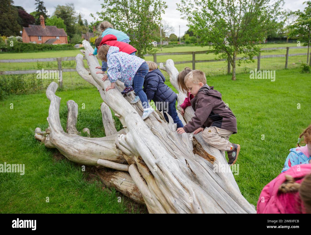 Children playing on a tree trunk in the grounds of an early years centre in the UK Stock Photo