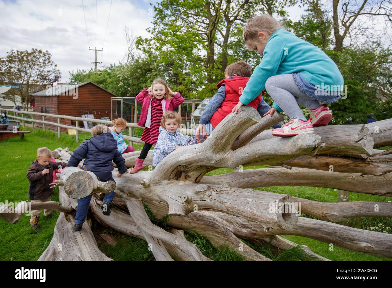 Children playing on a tree trunk in the grounds of an early years centre in the UK Stock Photo