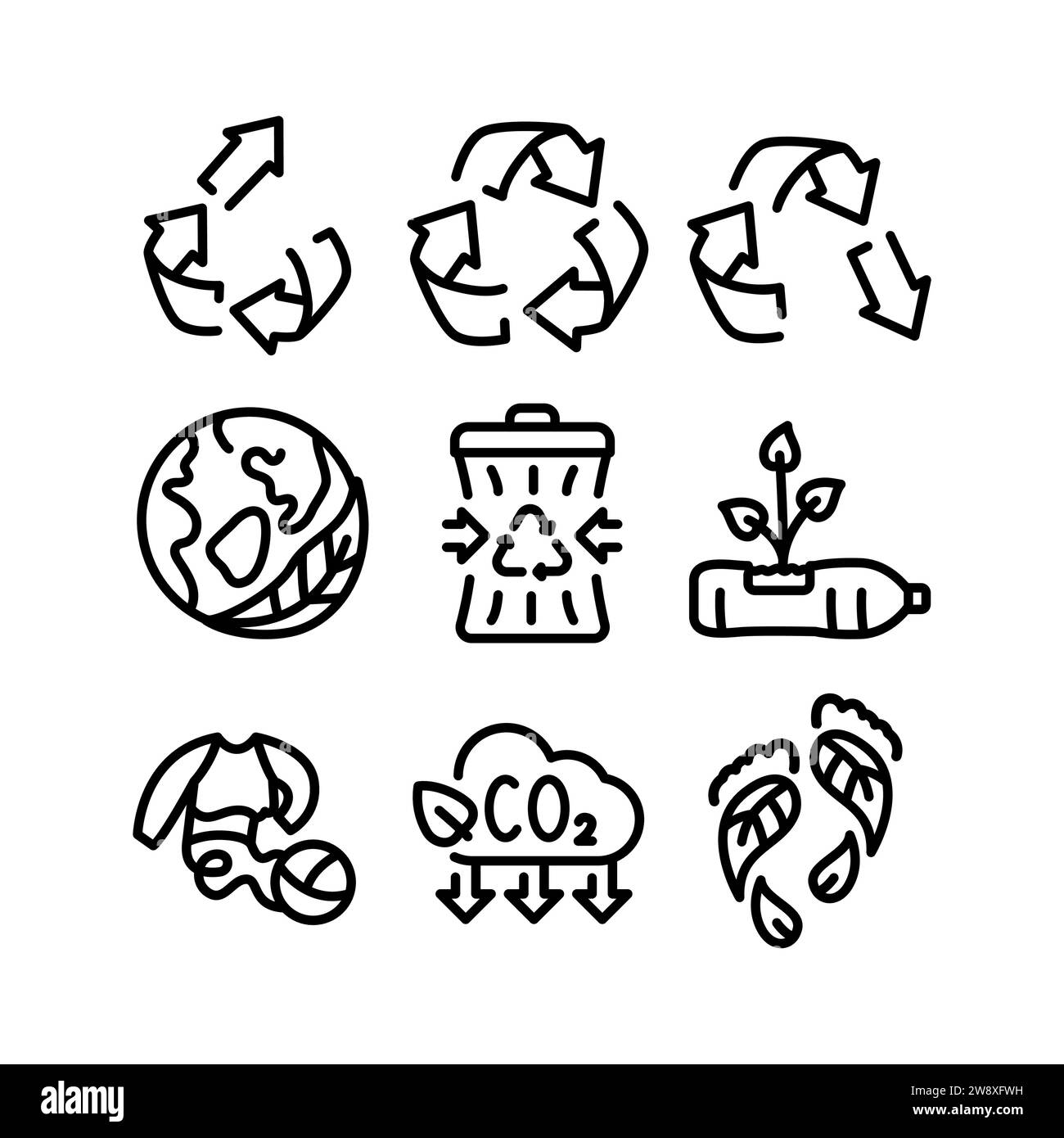Recycling black line icons set. Eco friendly. Vector isolated elements. Stock Vector