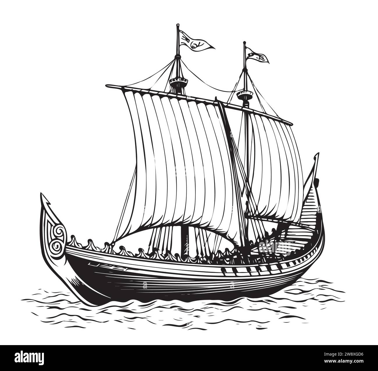 Drakkar Viking ship. Medieval military boat with sails Vintage Vector illustration Stock Vector