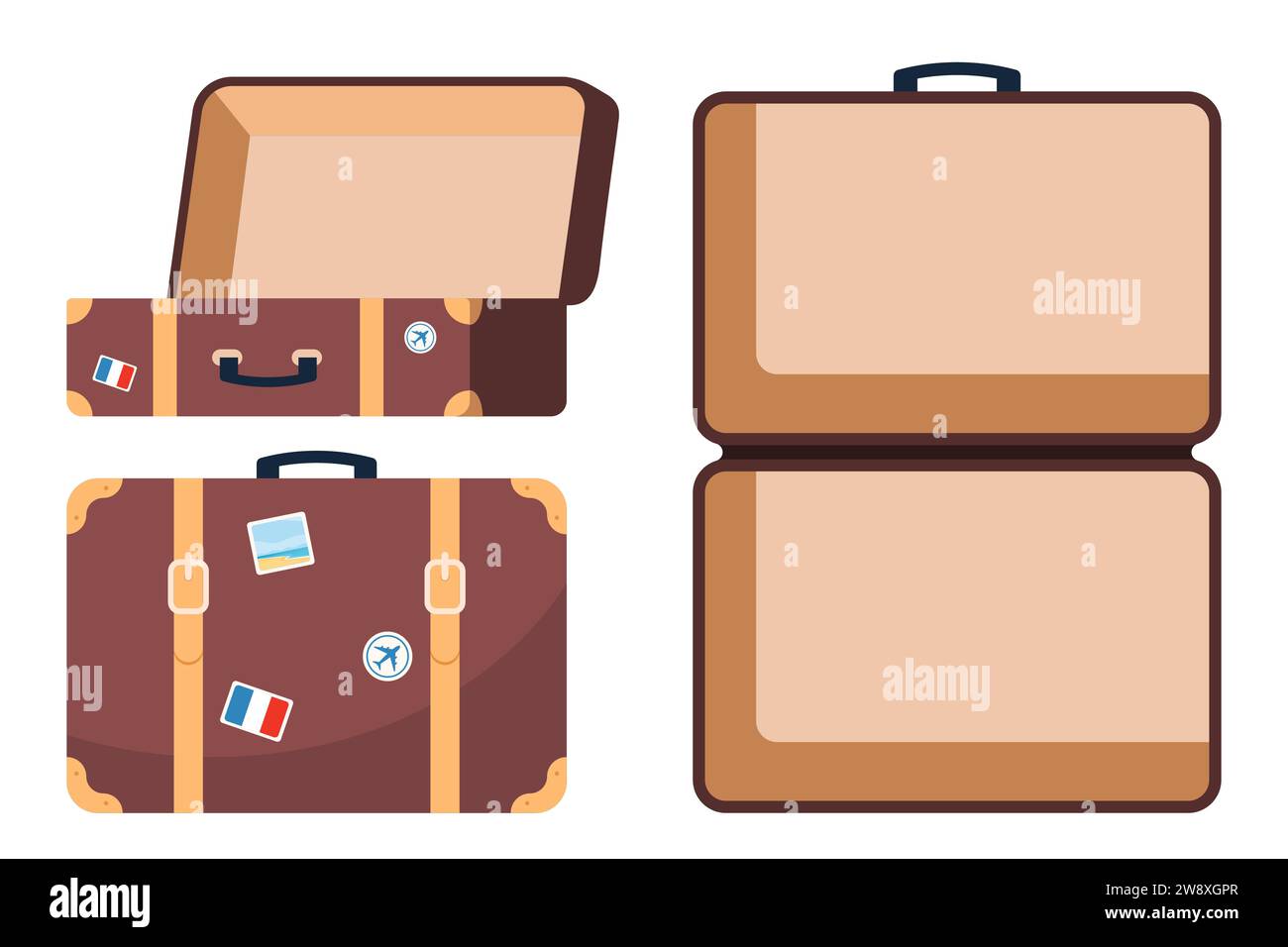 Retro leather suitcase with metal corners, belts and handle. Suitcase