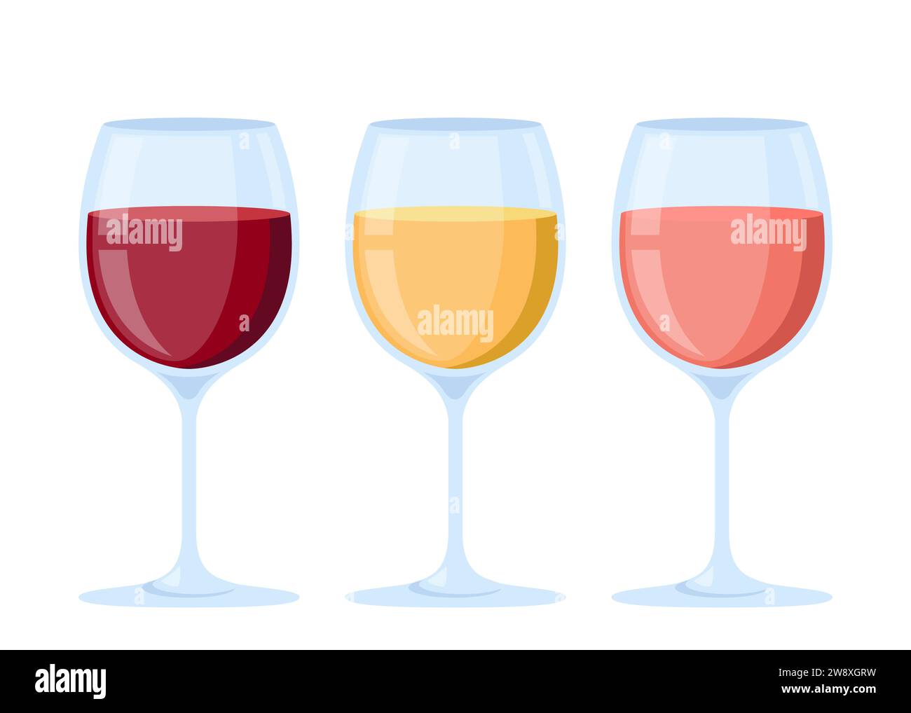 Wine glasses. Different wine types red, white, pink alcoholic drinks