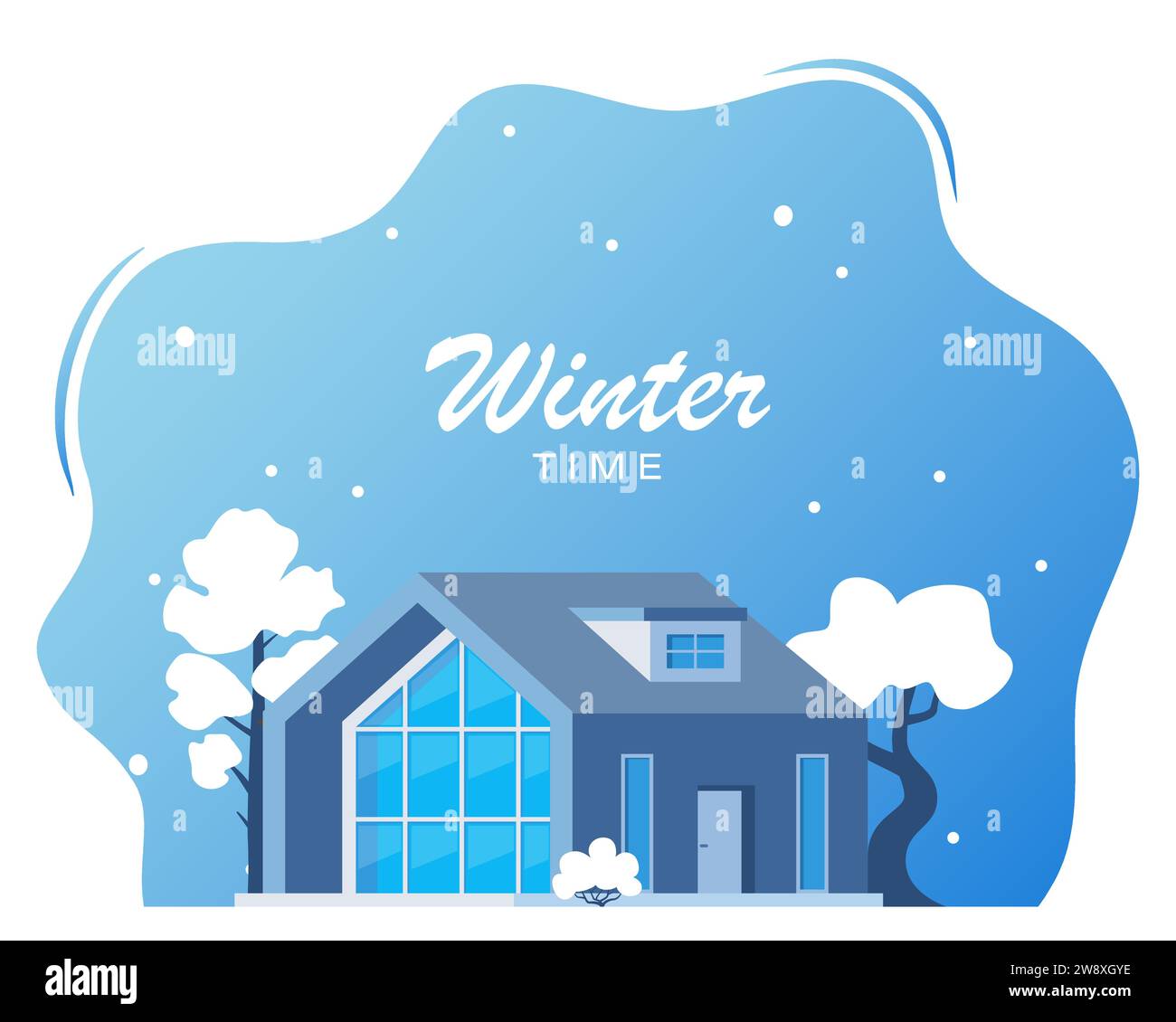 Winter landscape with big house. Winter holidays. Cute winter landscape for holiday banner. Lovely house in a snowy valley. Winter Cabin. Vector illus Stock Vector