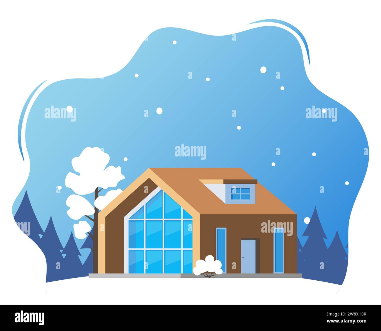 Winter landscape with big house. Winter holidays. Cute winter landscape for holiday banner. Lovely house in a snowy valley. Winter Cabin. Vector illus Stock Vector