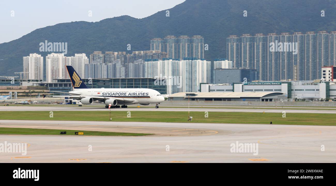 Singapore Airline Airbus A380-800 on operated at Hong Kong International Airport, Hong Kong. Stock Photo