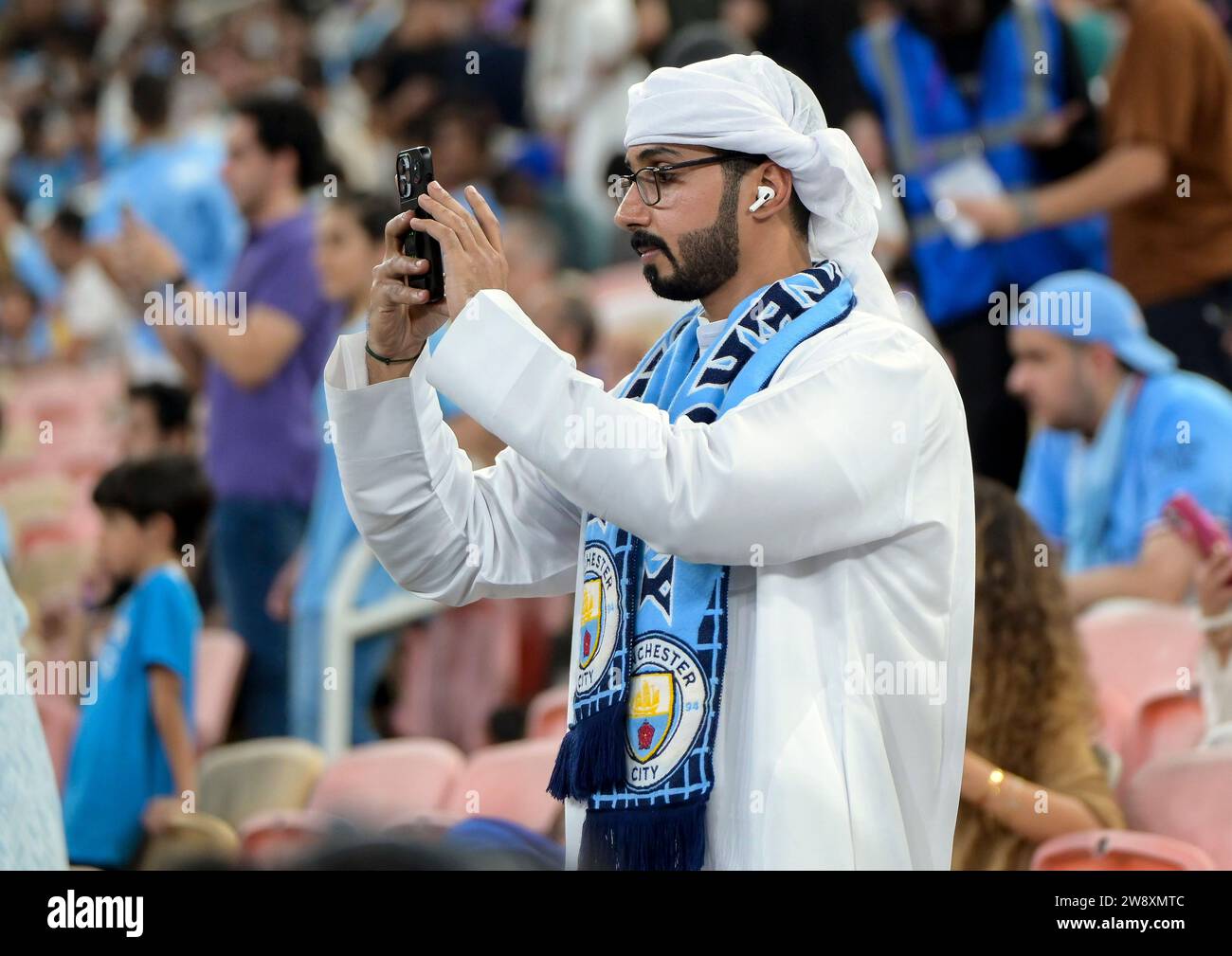 A Manchester City fan during the FIFA Club World Cup 2023 final at the King Abdullah Sports City Stadium, Jeddah, Saudi Arabia. Picture date: Friday December 22, 2023. Stock Photo