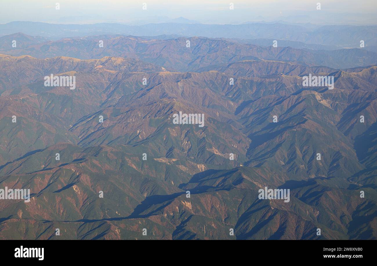 Beautiful View From a plane, look over Mount Tsurugi in Tokushima District eastern Shikoku, Japan. Stock Photo