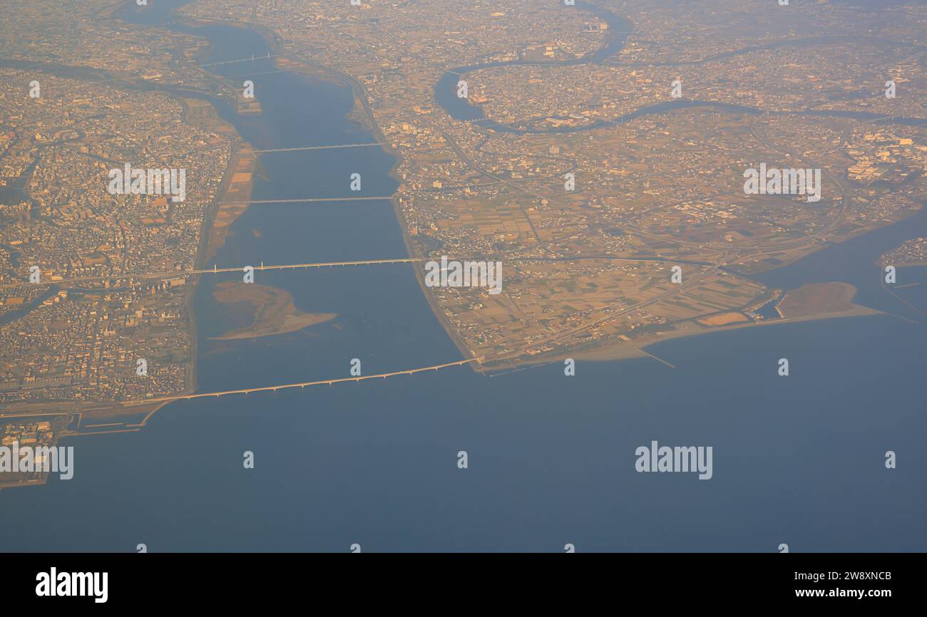 Aerial view of tokushima city, Yoshino River South Bank Ground and