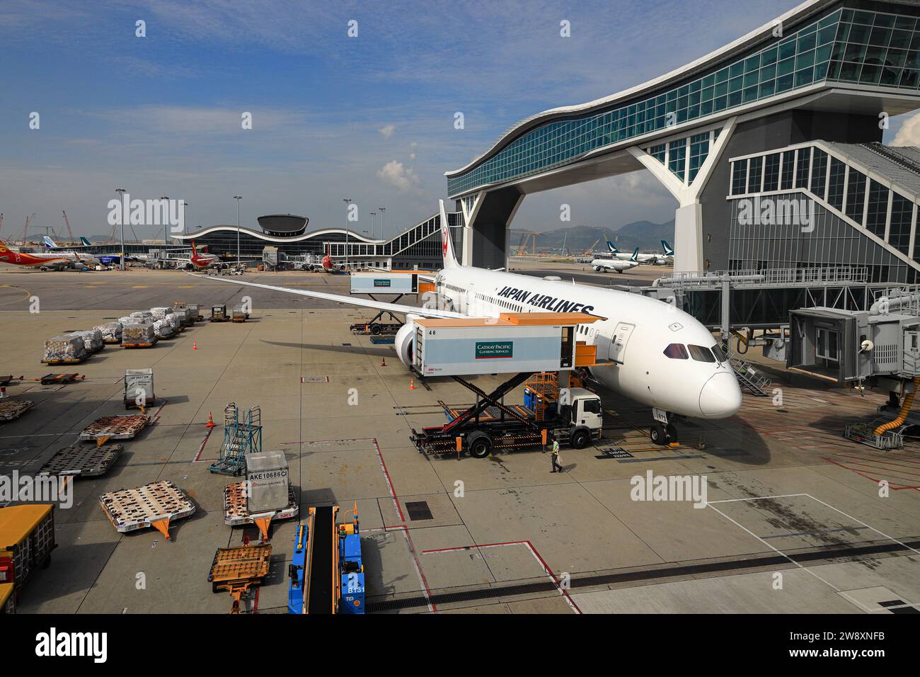 japan Airlines fleet Boing 787-8 operated at Hong Kong International Airport. Stock Photo
