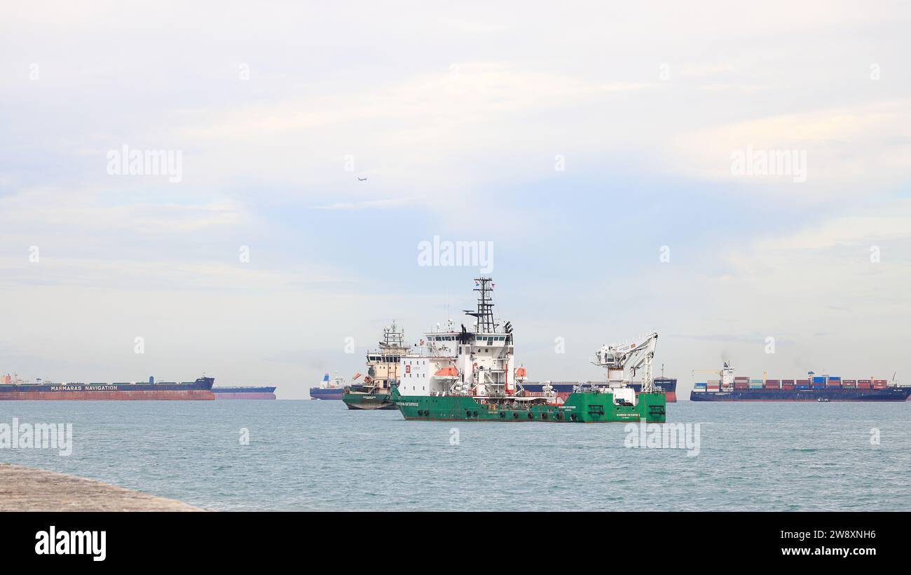 Special Vessel BOURBON ENTERPRISE, the offshore Tug and Supply Ship in operation at Singapore Strait. Stock Photo