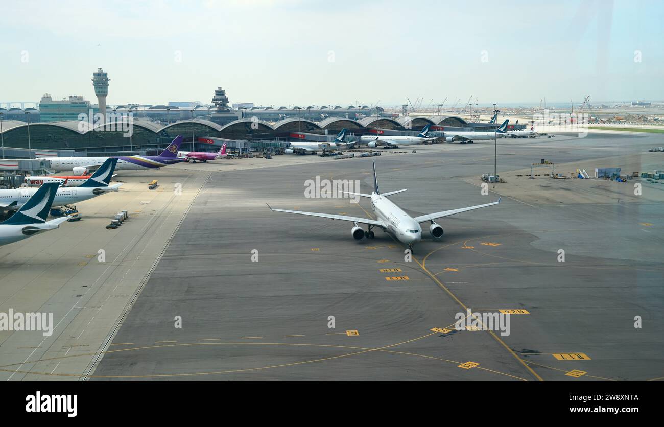 Airline Fleets operated at Hong Kong International Airport. Stock Photo