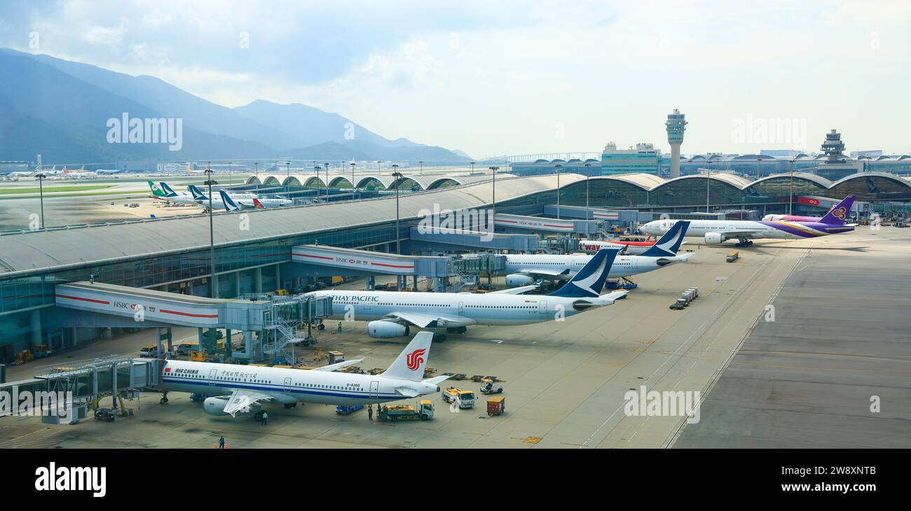 Hong Kong International Airport view, Airplane parking at passenger ...