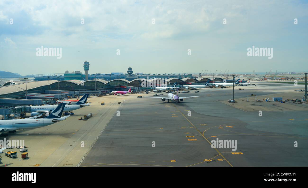 Airline Fleets operated at Hong Kong International Airport. Stock Photo
