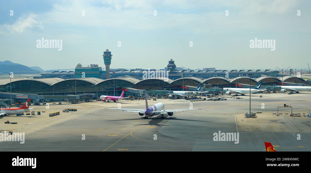 Boing 777-300 of Thai International Airline operated at Hong Kong International Airport. Stock Photo
