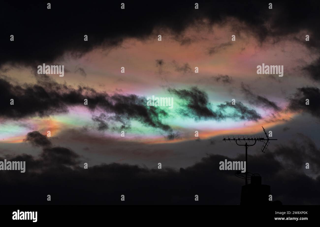 A very rare sighting of polar stratospheric clouds (nacreous clouds) was seen from Herne Bay in Kent, which is +15N south of the Arctic Circle. Stock Photo
