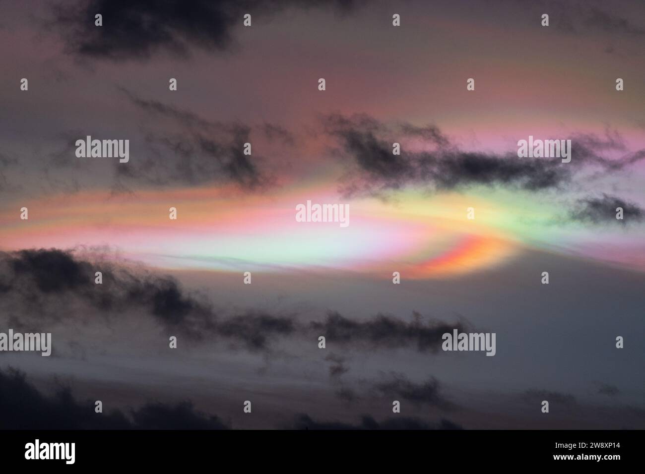 A very rare sighting of polar stratospheric clouds (nacreous clouds) was seen from Herne Bay in Kent, which is +15N south of the Arctic Circle. Stock Photo