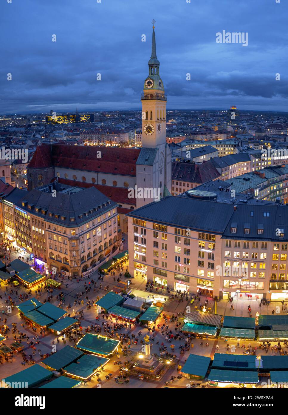 View from the New Town Hall to Marienplatz and the Church of St. Peter, Alter Peter, Munich, Bavaria, Germany Stock Photo