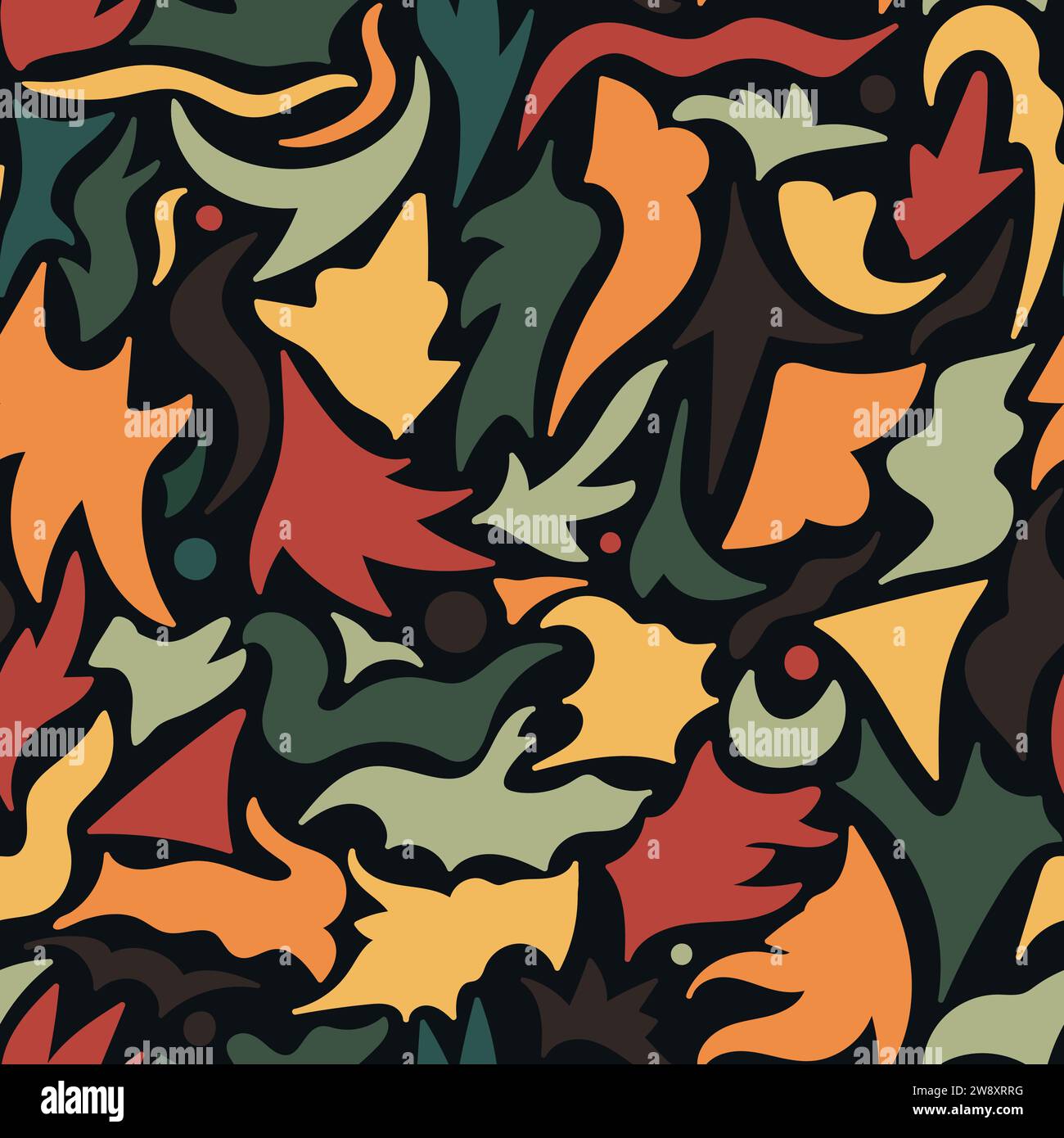 Abstract different hand drawn shapes seamless pattern. Colored shapes on black background. Vector illustration Stock Vector