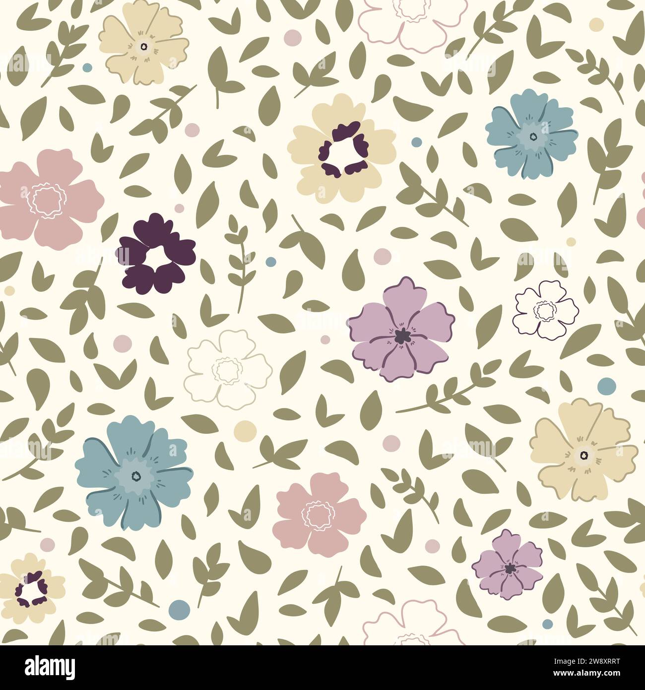 Hand drawn floral seamless pattern. Pastel colored flowers and green leaves on beige background. Vector illustration Stock Vector