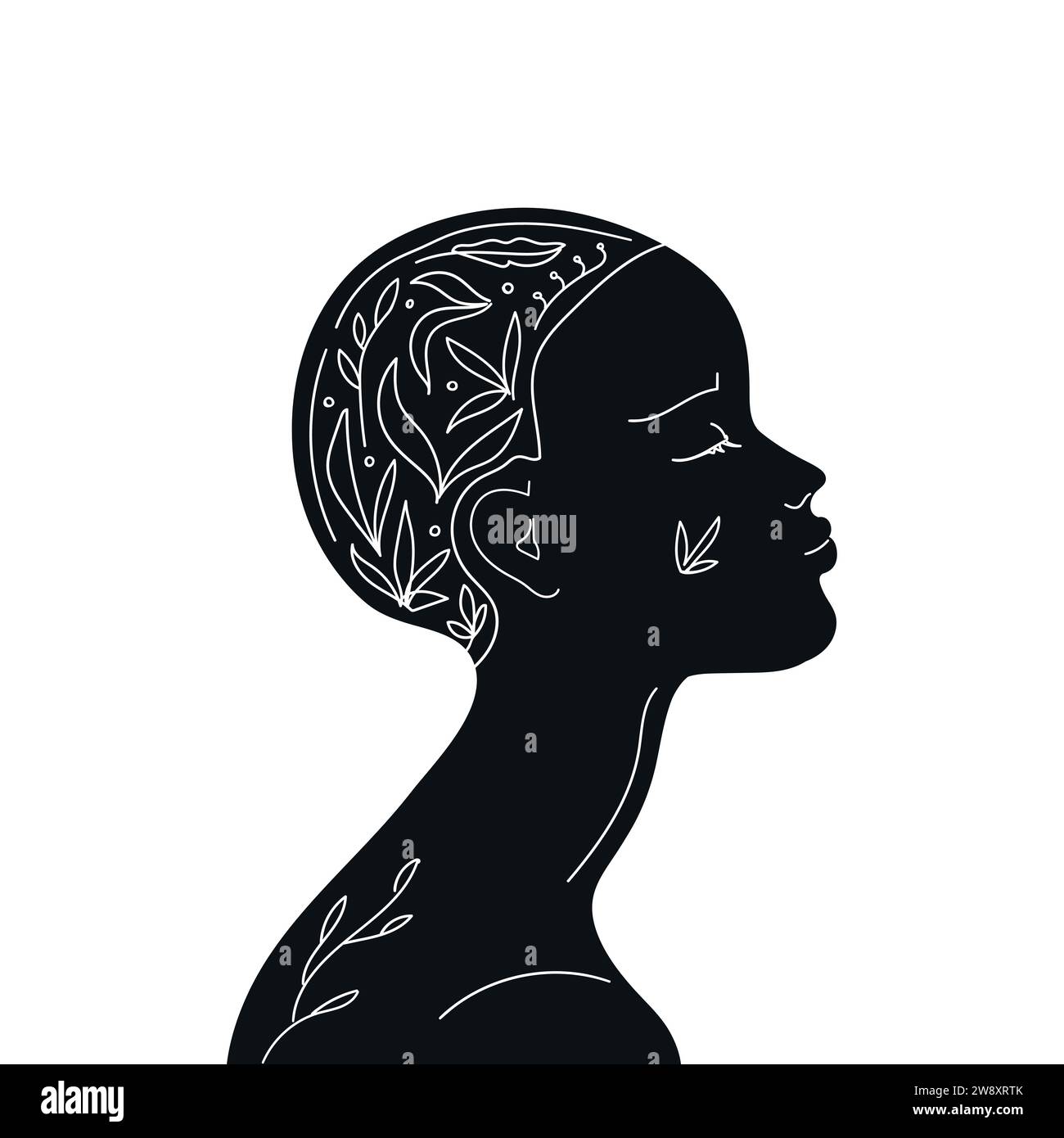 Female profile silhouette with outline botanical ornament. Vector illustration Stock Vector