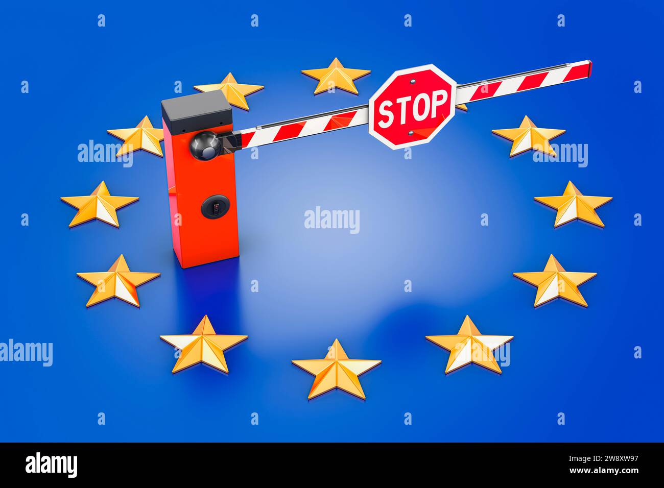 Closed barrier gate with the EU flag. Customs and border protection concept. 3D rendering Stock