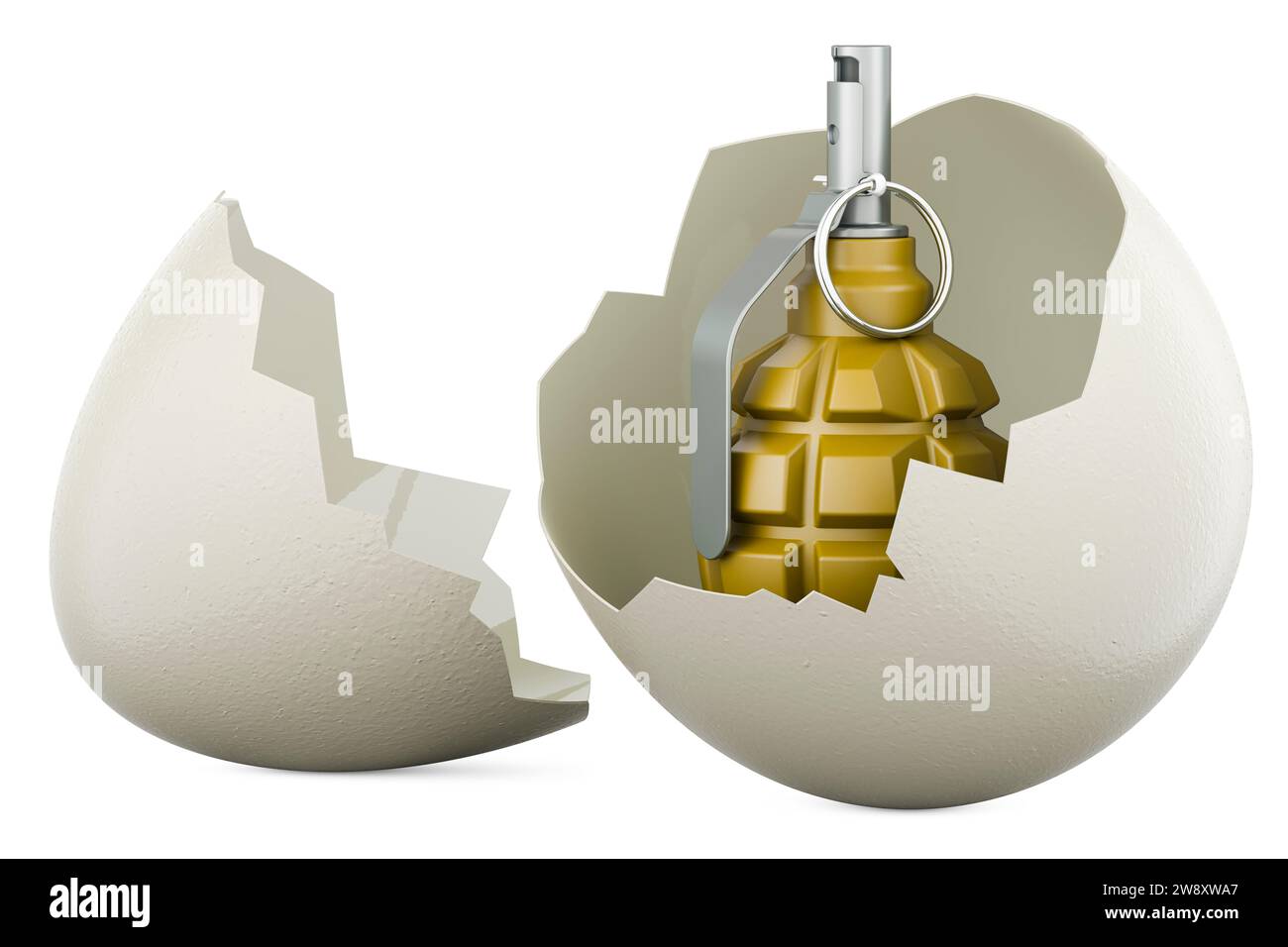 Hand grenade inside broken chicken egg. Hidden threat, concept. 3D rendering isolated on white background Stock Photo