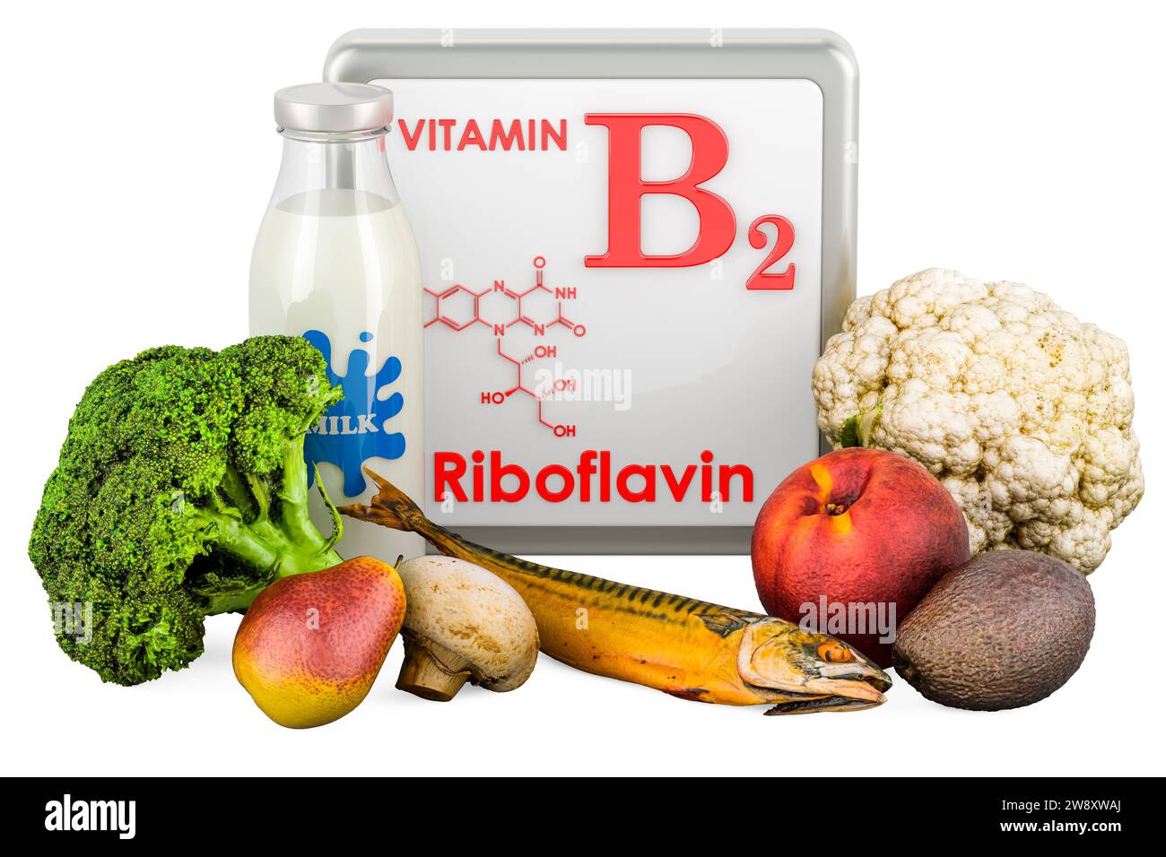 Products containing Vitamin B2, Riboflavin. 3D rendering isolated on white background Stock