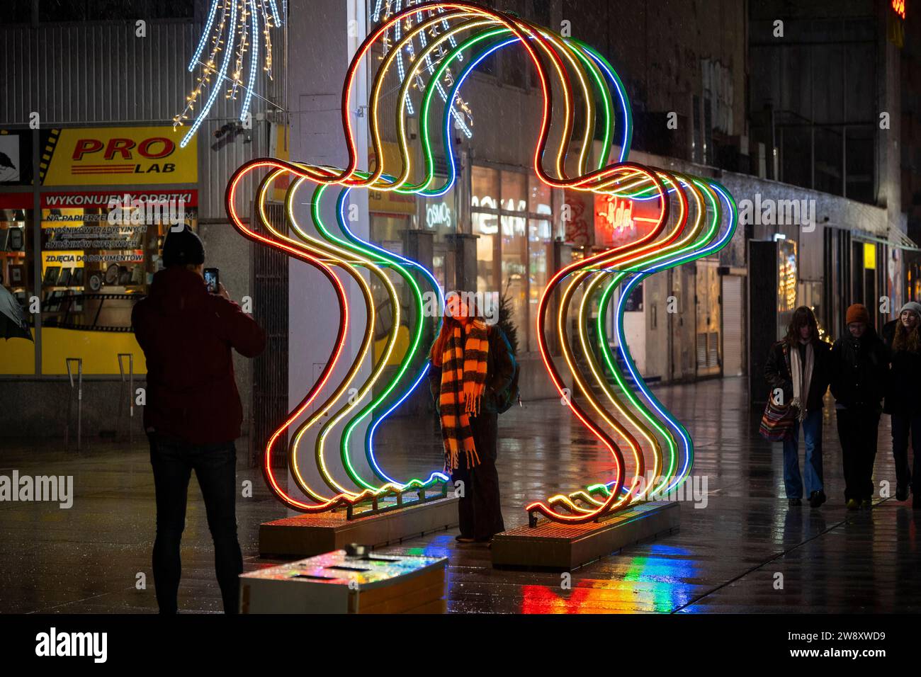 Warsaw, Poland. 22nd Dec, 2023. Colorful, illuminated Christmas