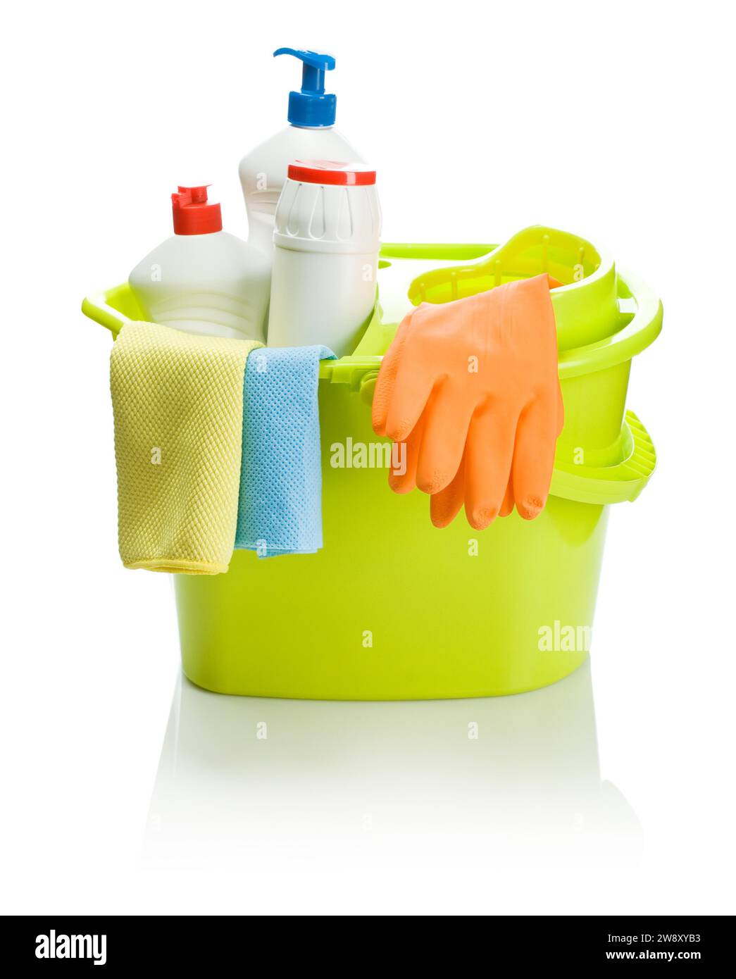 Green bucket with cleaning accessories Stock Photo - Alamy